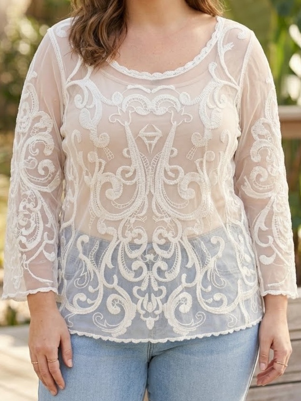 Express Blouse Cream Embroidery Mesh Sheer Scoop Lace long sleeve bohemian large